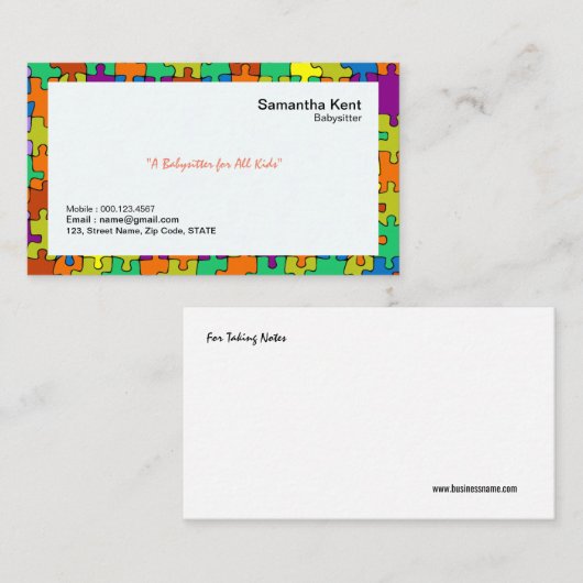 ベビーシッターのカラフルなジグソーパズルは名刺を縁どります 名刺 (正面/裏面)