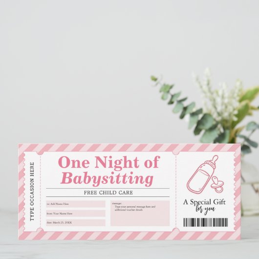 ベビーシッターのサービスのピンクのギフト証明書券 招待状 (スタンド正面)