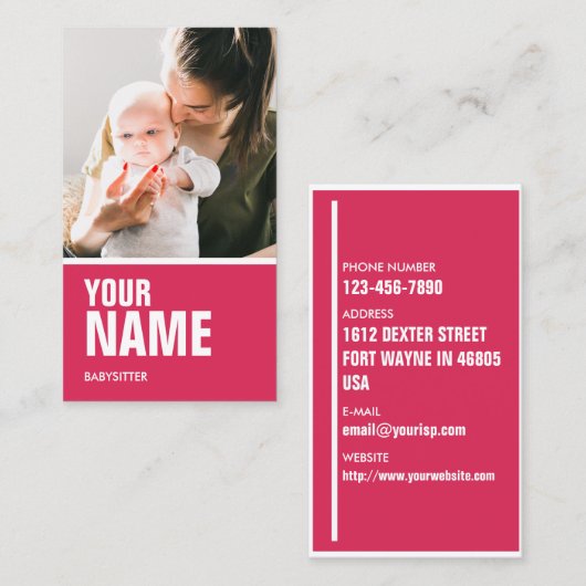 ベビーシッターのピンク(写真及び文字を個人化して下さい) 名刺 (正面/裏面)
