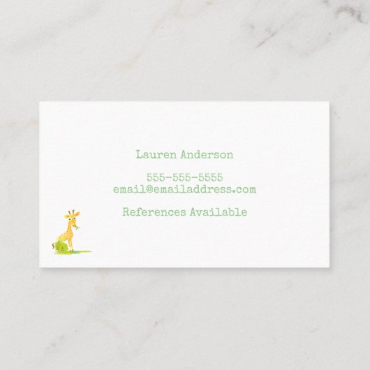 ベビーシッターの水彩画のキリンの育児の提供者 名刺 (裏面)