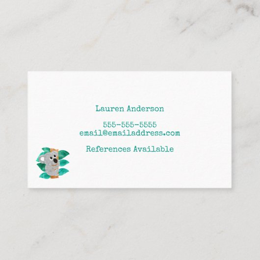 ベビーシッターの水彩画のコアラの育児の提供者 名刺 (裏面)