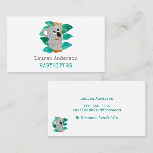 ベビーシッターの水彩画のコアラの育児の提供者 名刺 (正面/裏面)