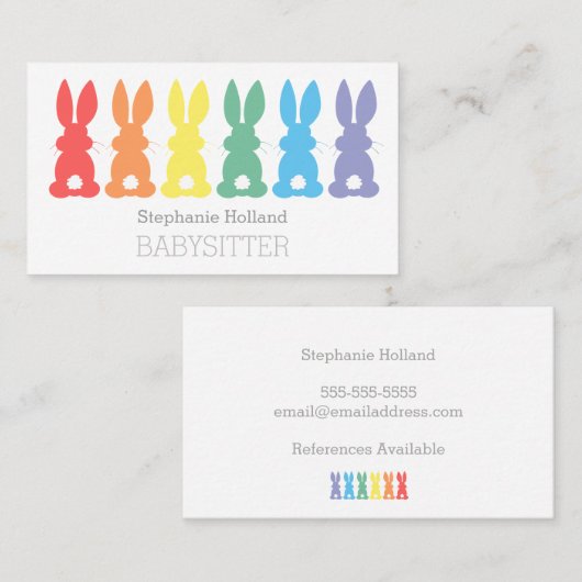 ベビーシッターをする虹のバニーのベビーシッターの乳母 名刺 (正面/裏面)