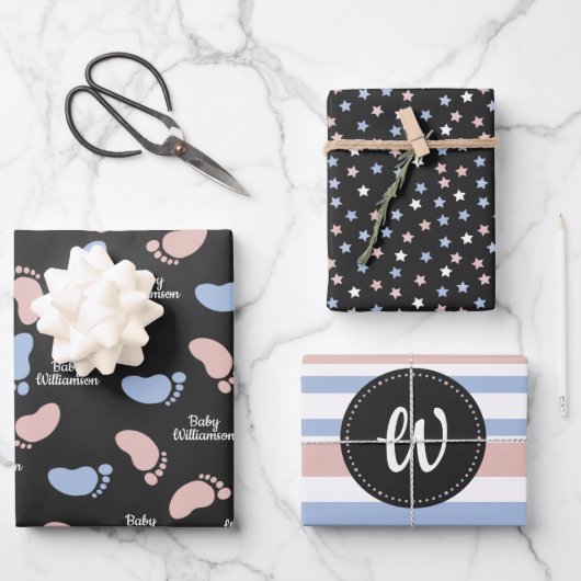 ベビーシパーソナライズされたャワーの性別表示モノグラム ラッピングペーパーシート (正面)