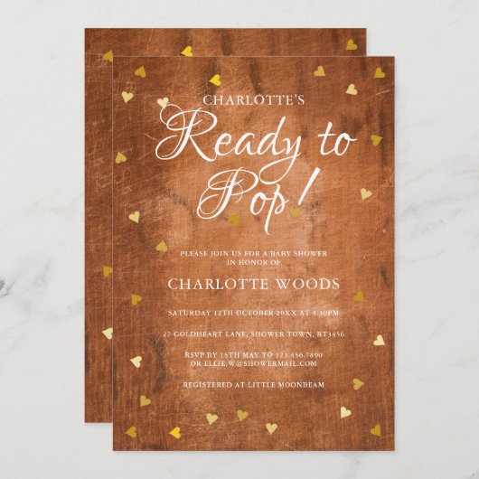 ベビーシポップ・アートのャワー金ゴールドハートウッ素朴ド 招待状 (正面/裏面)