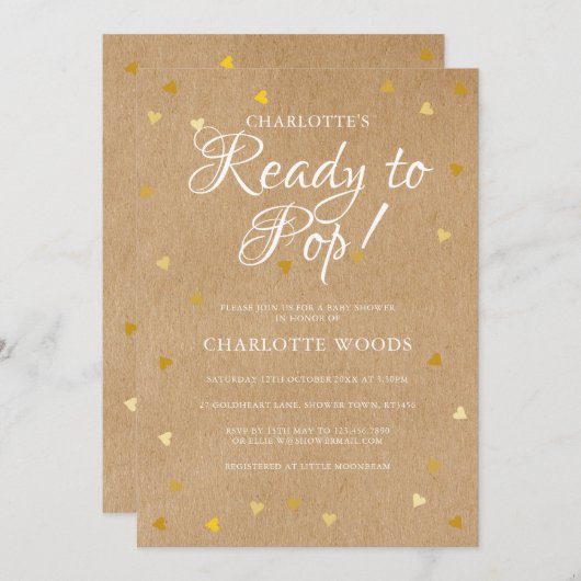 ベビーシポップ・アートのャワー/スプリンク金ゴールドハート 招待状 (正面/裏面)