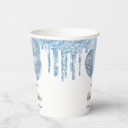 ベビーシャワライトブルー男の子グリッターバルーン白 紙コップ (右)