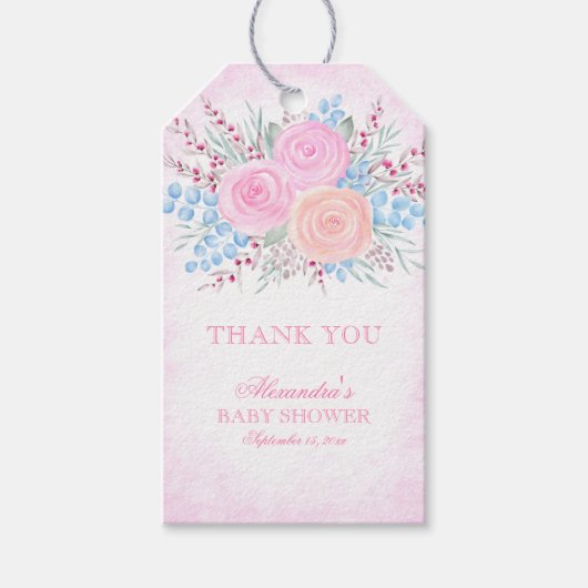 ベビーシャワーありがとうお水の色ブーケピンク ギフトタグ (正面)