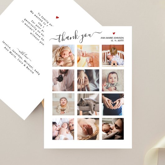 ベビーシャワーありがとうミニマリスト12フォトコラージュ サンキューカード
