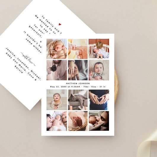 ベビーシャワーありがとうミニマリスト12フォトコラージュ 案内状