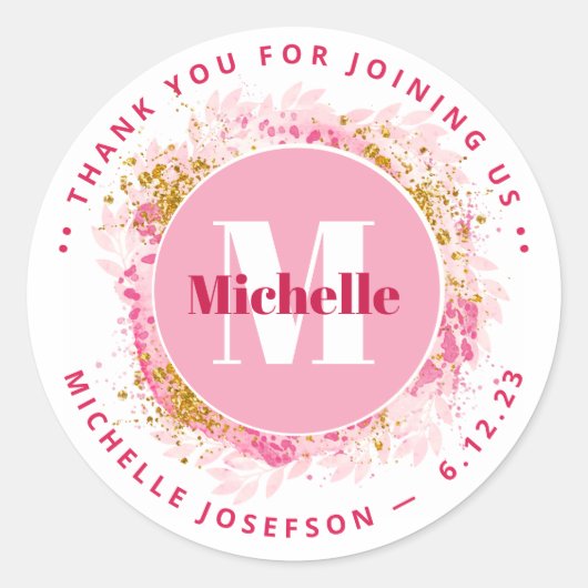 ベビーシャワーありがとうモノグラム水彩グリッター ラウンドシール (正面)