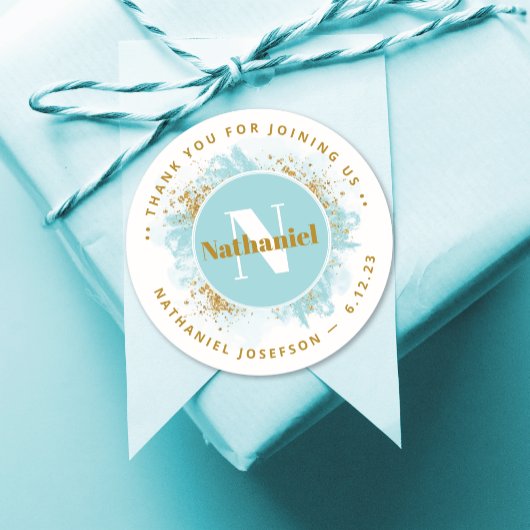 ベビーシャワーありがとうモノグラム水彩グリッター ラウンドシール
