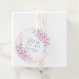 ベビーシャワーありがとう赤面ピンクの花水色 フェイバータグ