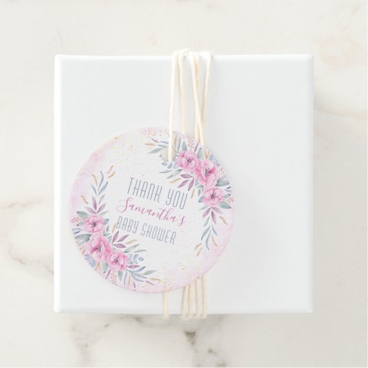 ベビーシャワーありがとう赤面ピンクの花水色 フェイバータグ (インサイチュ)