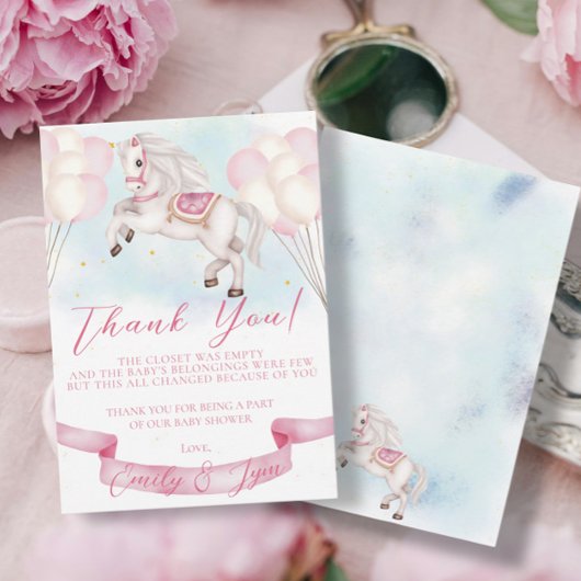 ベビーシャワーおとぎ話ポニースターピンクバルーン サンキューカード