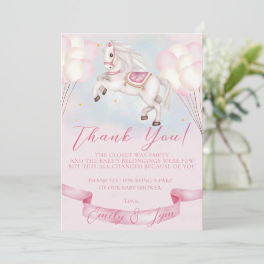 ベビーシャワーおとぎ話ポニースターピンクバルーン サンキューカード (スタンド正面)