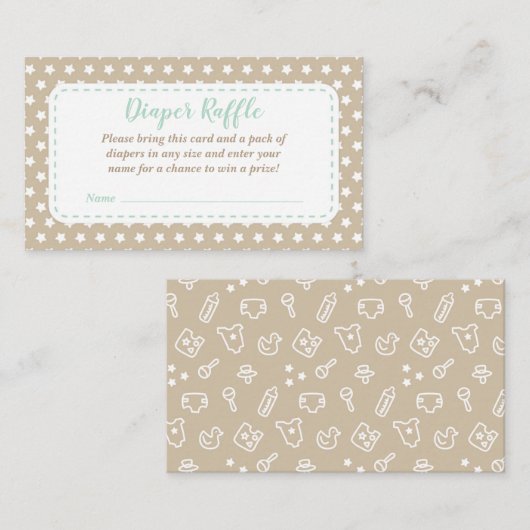 ベビーシャワーおむつラッフルカード | ミントとタン エンクロージャーカード (正面/裏面)