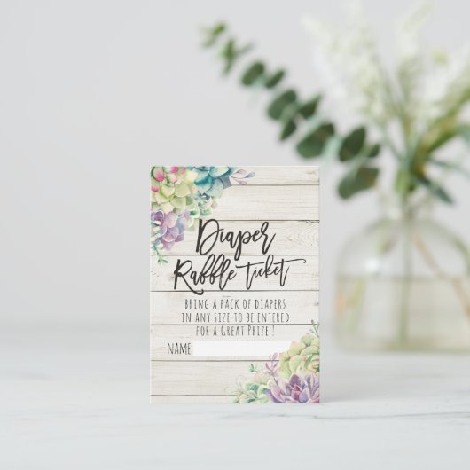 ベビーシャワーおむつラッフルチケット多肉木材 エンクロージャーカード (スタンド正面)