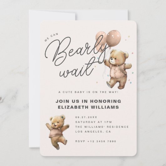 ベビーシャワーおめでとう We Can Bearly Wait 招待状 (正面)