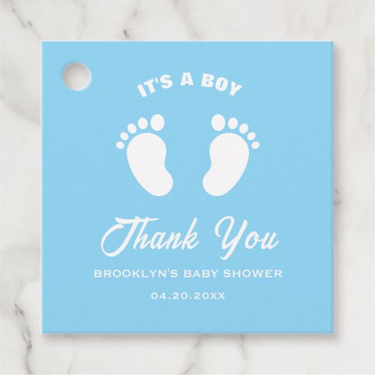 ベビーシャワーおもしろいトレンディーそのボーイブルーホワイト足 フェイバータグ (正面)