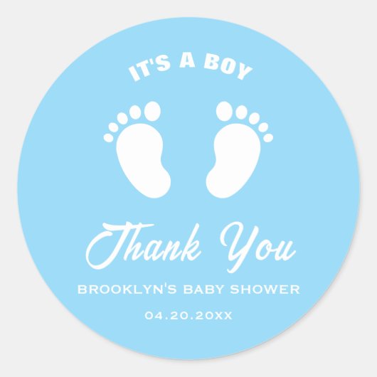 ベビーシャワーおもしろいトレンディーそのボーイブルーホワイト足 ラウンドシール (正面)