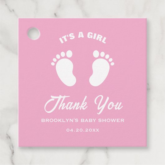 ベビーシャワーおもしろいトレンディーその女の子ピンクホワイト足 フェイバータグ (正面)