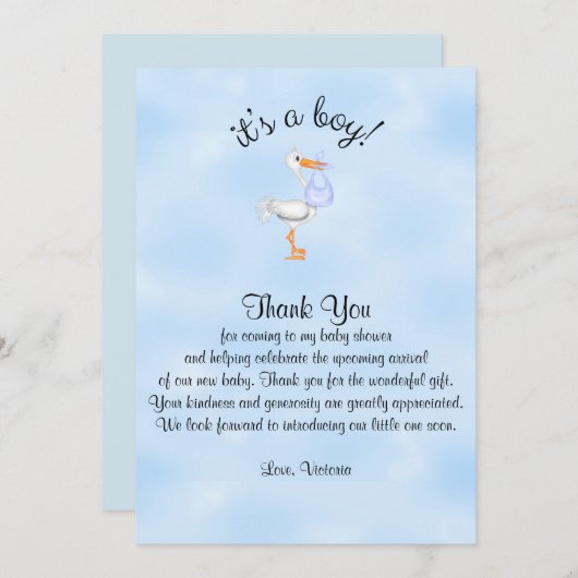 ベビーシャワーお礼カード 男の子です！ 赤ちゃんの男の子を運ぶコウテンチョウ 招待状 (正面/裏面)