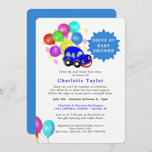 ベビーシャワーかわいいカーブルー男の赤ちゃん 招待状 (正面/裏面)