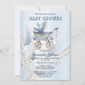 ベビーシャワーかわいいクラシックベビーカー青フローラ 招待状 (正面)