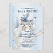 ベビーシャワーかわいいクラシックベビーカー青フローラ 招待状 (正面/裏面)