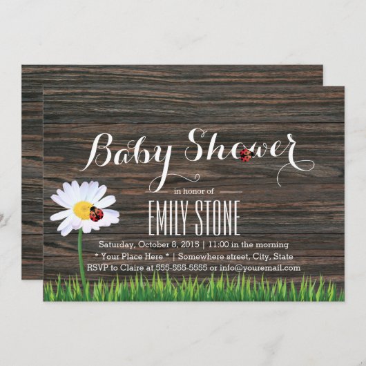 ベビーシャワーかわいいデイジー&ラディバグズエレガントウッド 招待状 (正面/裏面)