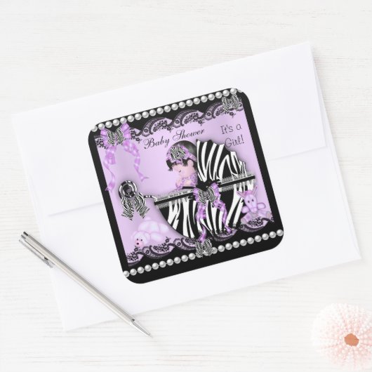 ベビーシャワーかわいいベビーガール薄紫ゼブラレース スクエアシール (封筒)