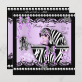 ベビーシャワーかわいいベビーガール薄紫ゼブラレース 招待状 (正面/裏面)