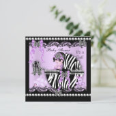 ベビーシャワーかわいいベビーガール薄紫ゼブラレース 招待状 (スタンド正面)