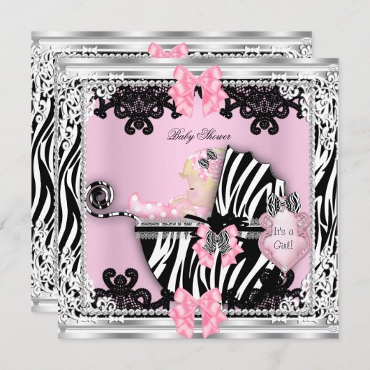 ベビーシャワーかわいい女の子ゼブラプラムブロンド赤ちゃん女の子 招待状 (正面/裏面)