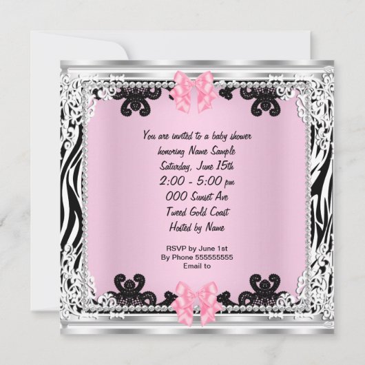 ベビーシャワーかわいい女の子ゼブラプラムブロンド赤ちゃん女の子 招待状 (裏面)