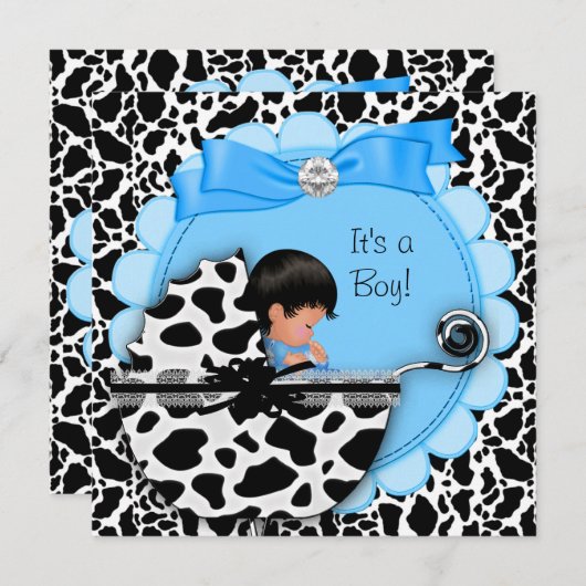 ベビーシャワーかわいい男の赤ちゃんブループラムカウズ 招待状 (正面/裏面)