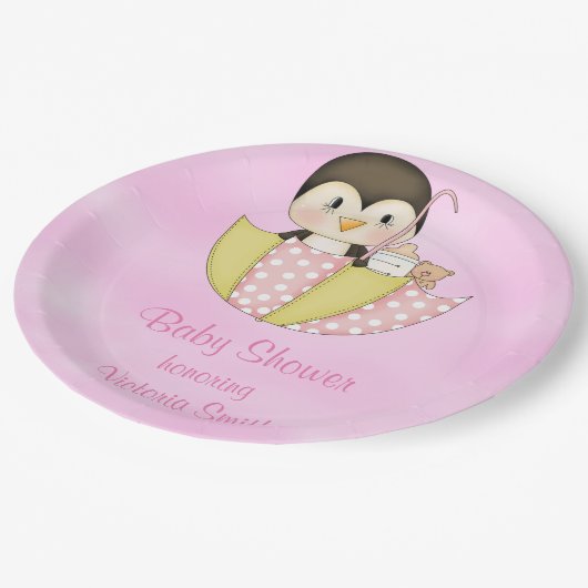 ベビーシャワーそれは女の子のペンギンです ペーパープレート (アングル)