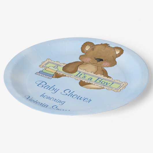 ベビーシャワーそれは男の子のテディー・ベアです ペーパープレート (アングル)