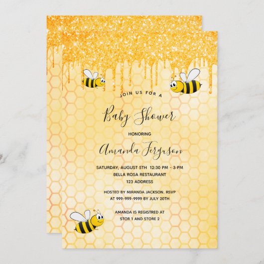 ベビーシャワーでぶつぶつ蜂金ゴールドグリッターハニカム 招待状 (正面/裏面)
