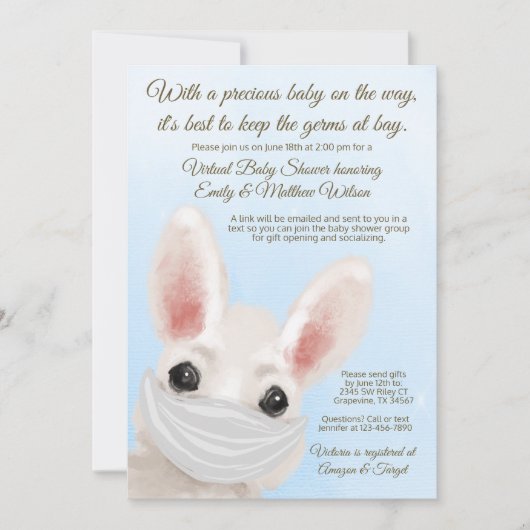 ベビーシャワーでオンライン駆動Boy Bunny Rabbit Mask 招待状 (正面)