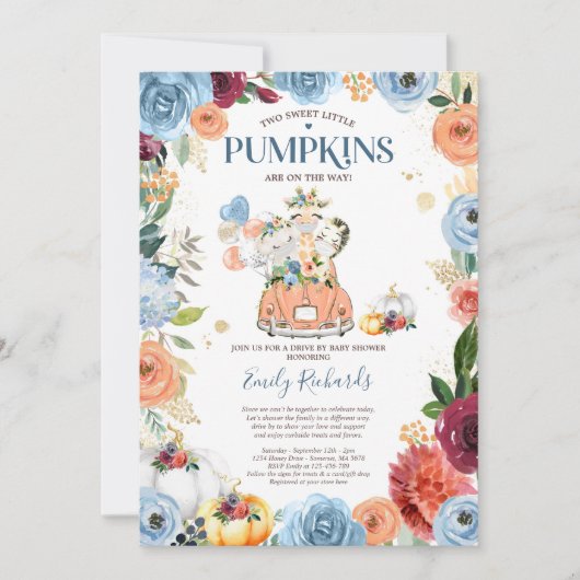 ベビーシャワーでカボチャの双子のサファリ動物を運転 招待状 (正面)