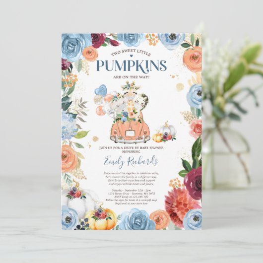 ベビーシャワーでカボチャの双子のサファリ動物を運転 招待状 (スタンド正面)