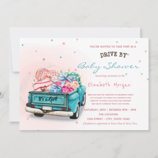 ベビーシャワーでドライブするトラックの甘いお菓子 招待状 (正面)