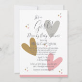 ベビーシャワーでドライブする女の子ピンクのハート 招待状 (正面)