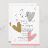 ベビーシャワーでドライブする女の子ピンクのハート 招待状 (正面/裏面)