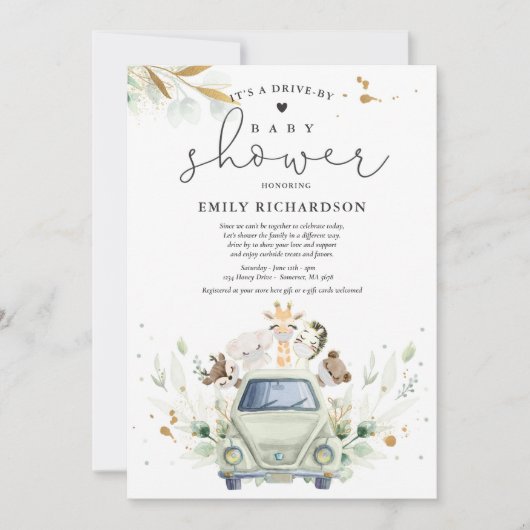 ベビーシャワーでドライブする緑のサファリの動物 招待状 (正面)