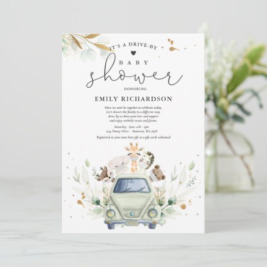 ベビーシャワーでドライブする緑のサファリの動物 招待状 (スタンド正面)