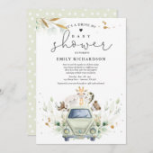 ベビーシャワーでドライブする緑のサファリの動物 招待状 (正面/裏面)