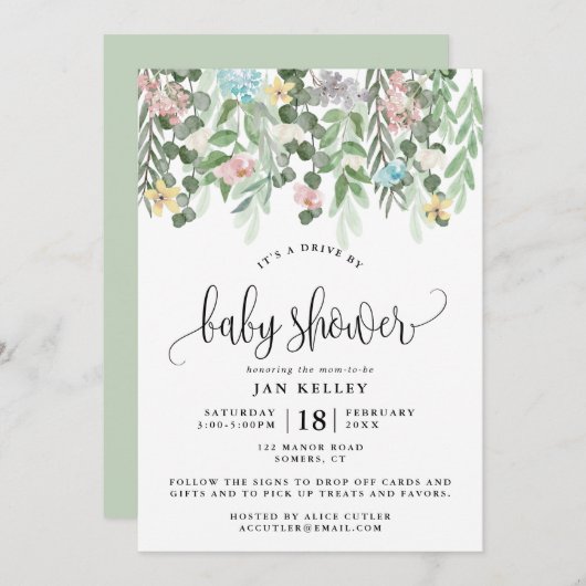 ベビーシャワーでドライブ、水彩コテージ花 招待状 (正面/裏面)